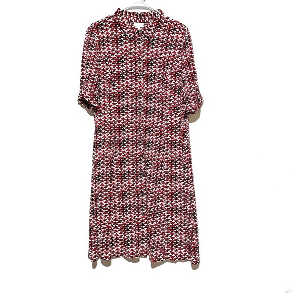 J. Jill Dresses & Skirts - J. Jill Midi Womens Mod Print Navy Red Shirt Dress  Size 12 Tab Sleeves Collared
